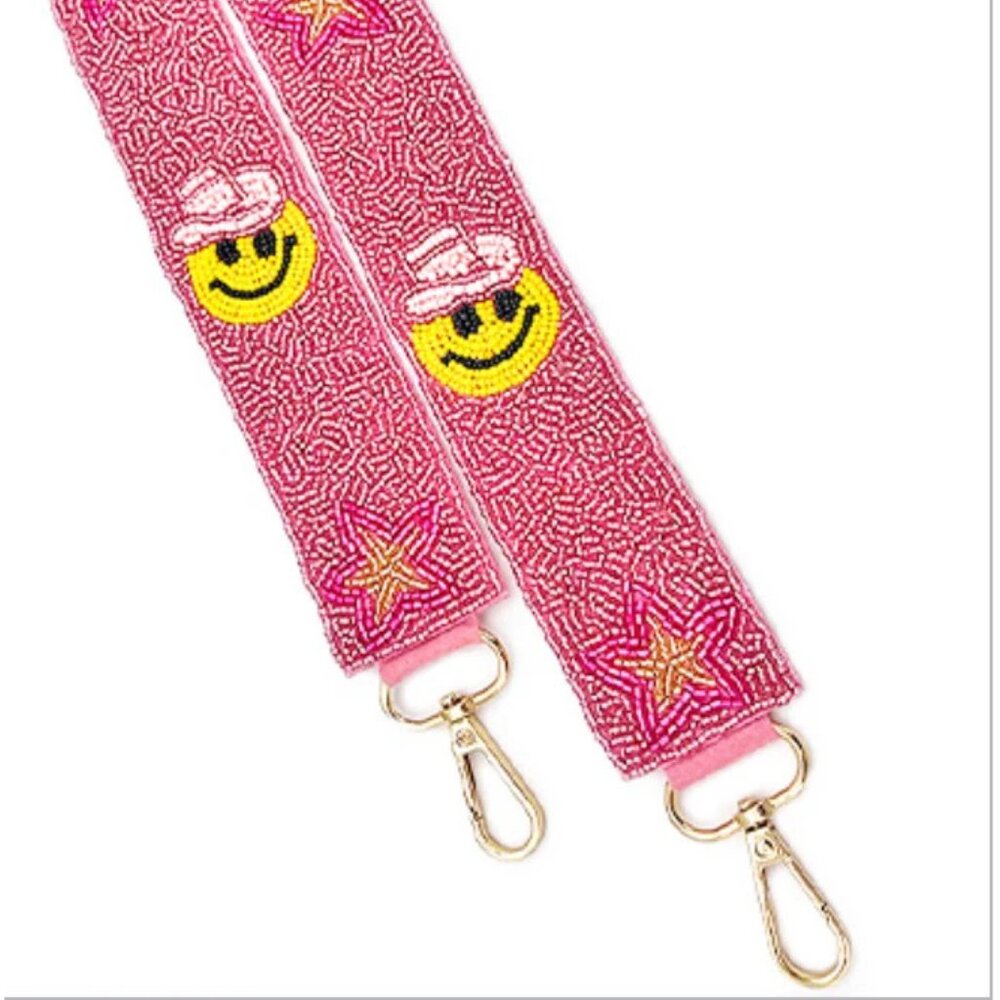 Pink Cowgirl Beaded Crossbody Strap Smiley Face Emoji Cowboy Hat & Stars NEW NWT